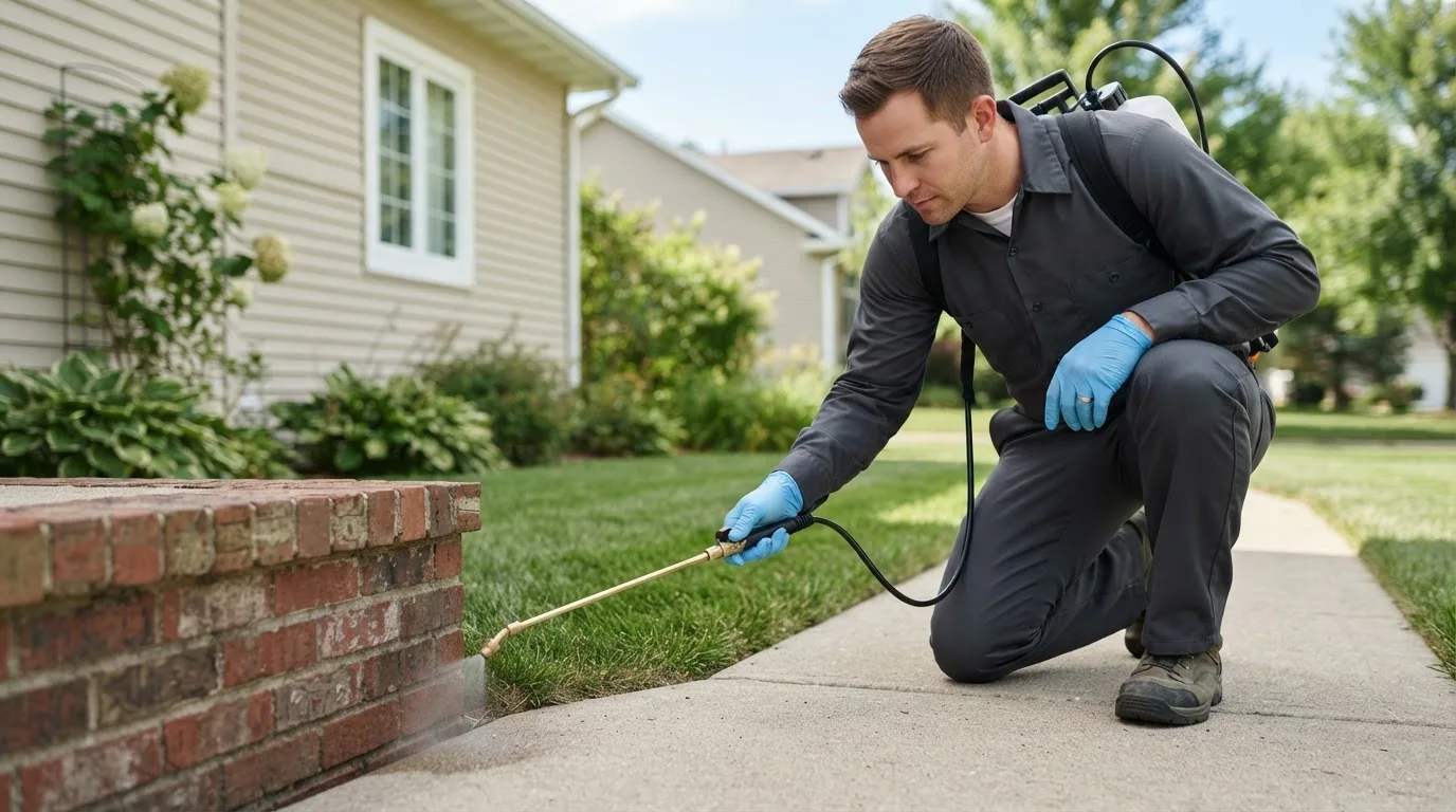 Pest control technician treating a home near North Grosvenordale, CT